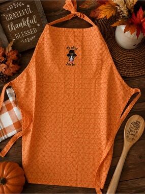 Autumn Orange Thanksgiving Apron with Pilgrim Cow Embroidery